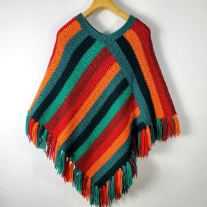 Vintage 70s Wool Poncho Hand Loomed Artisan Green Orange Fringe